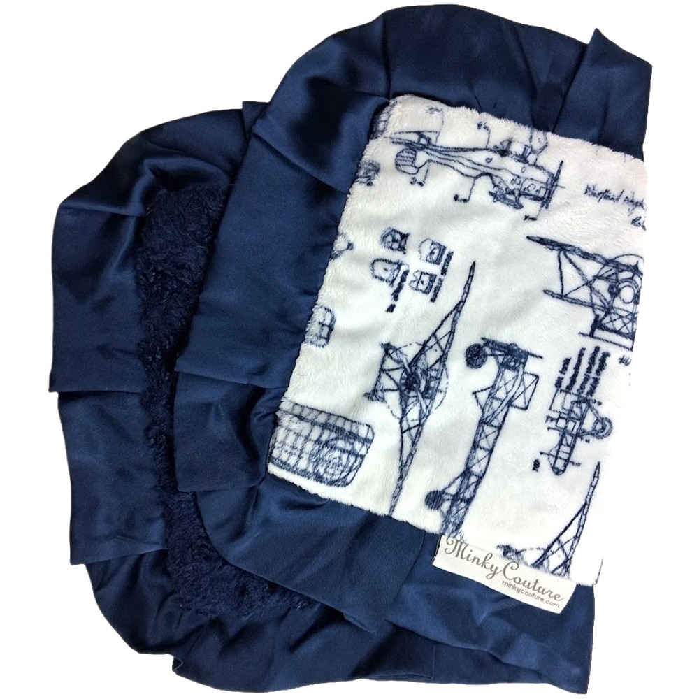 Minky Couture Vintage Airplanes‎ Glider Blue Baby Security Blanket Lovey Satin